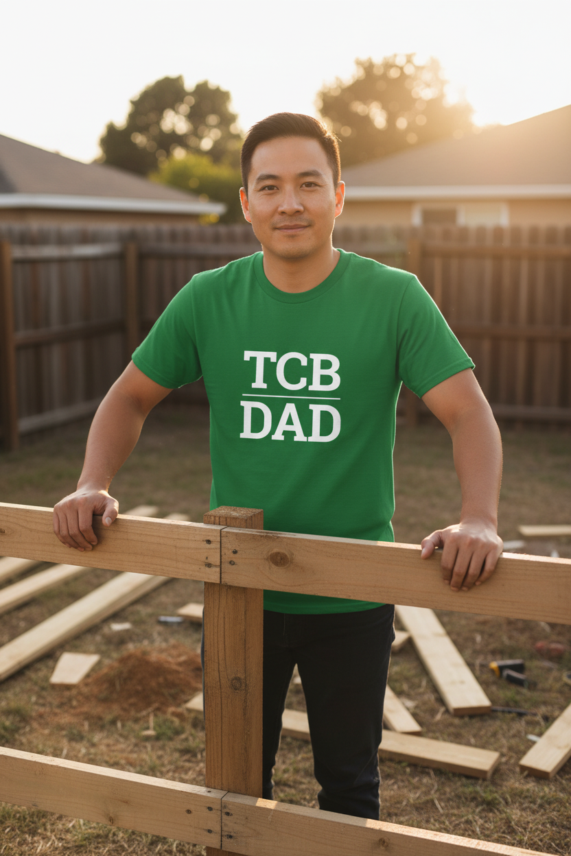 Asian man wearing turf green TCB_DAD t-shirt hands on fence with lumber in background