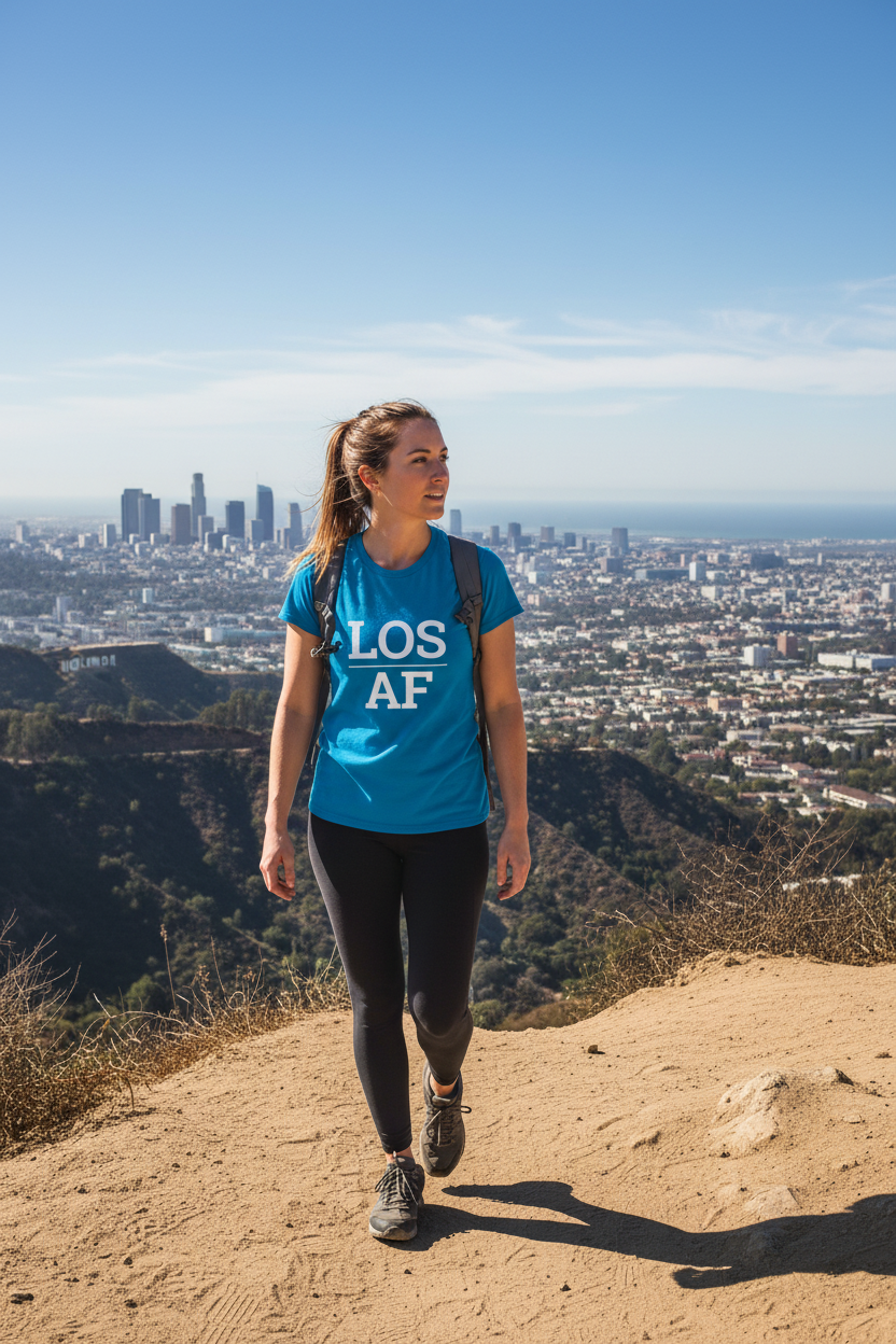 White woman wearing sapphire LOS_AF t-shirt hiking Runyon Canyon Los Angeles