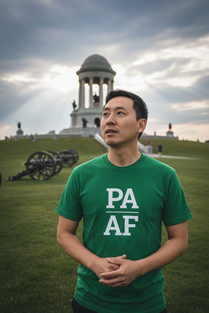 Person wearing green Pennsylvania t-shirt at Gettysburg battlefield