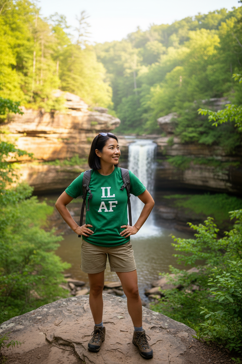 Person wearing green Illinois t-shirt at Starved Rock State Park