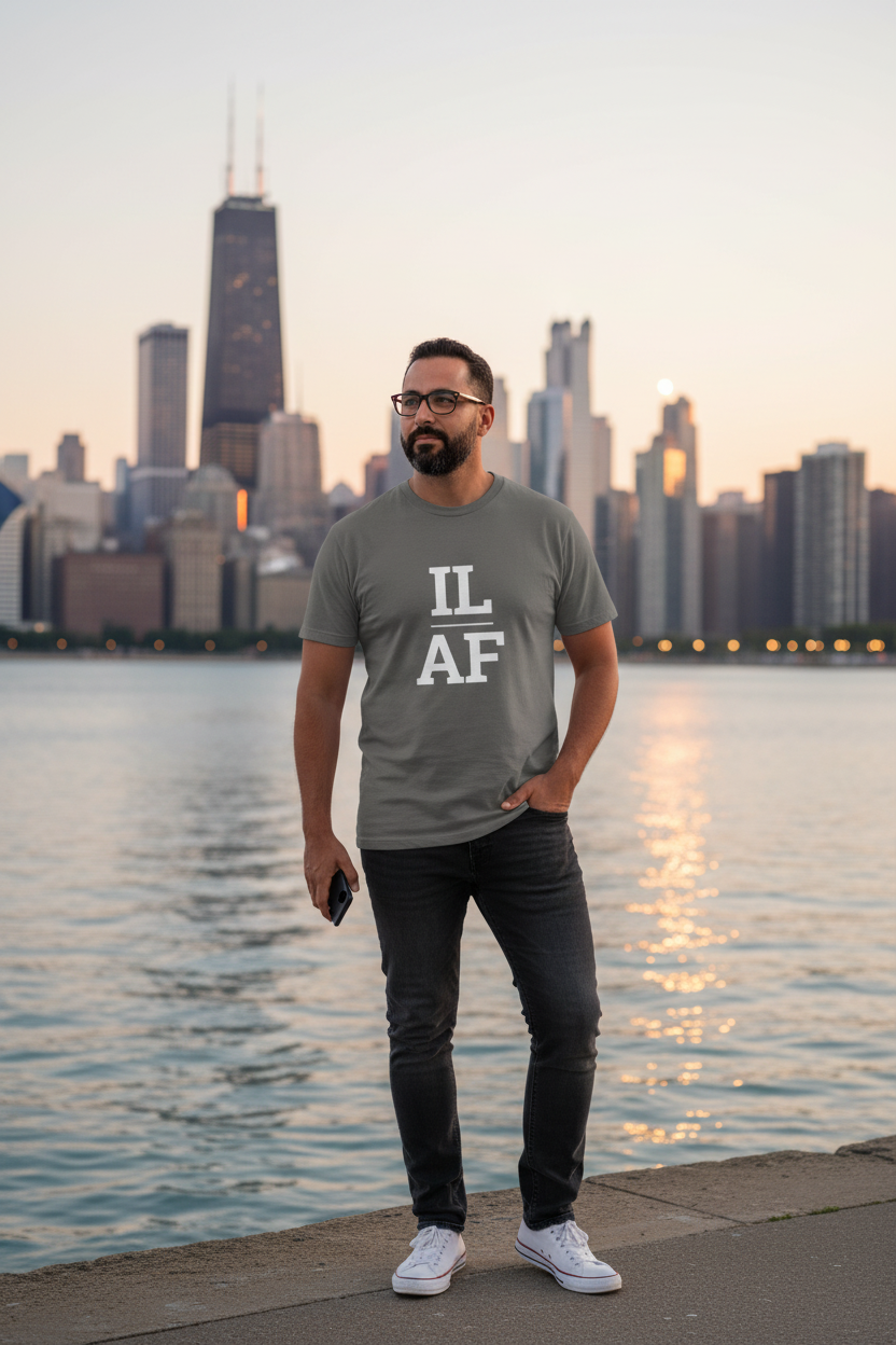 Person wearing grey Illinois t-shirt with Chicago skyline at golden hour