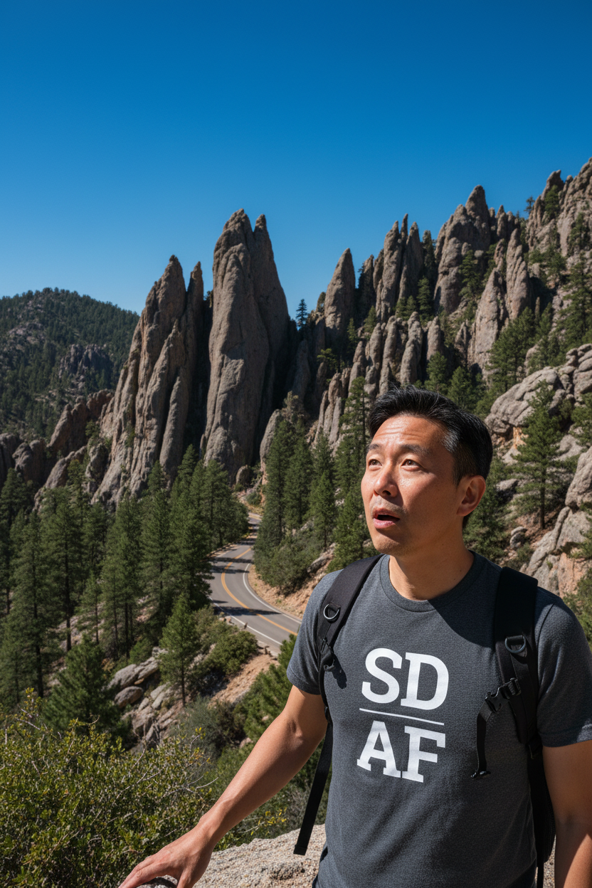 Person wearing grey South Dakota t-shirt on the Needles Highway