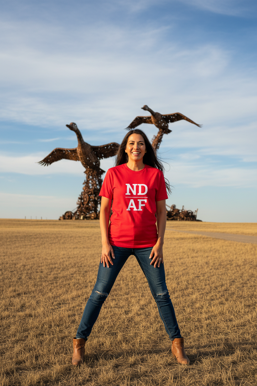 Person wearing red North Dakota t-shirt at the Enchanted Highway