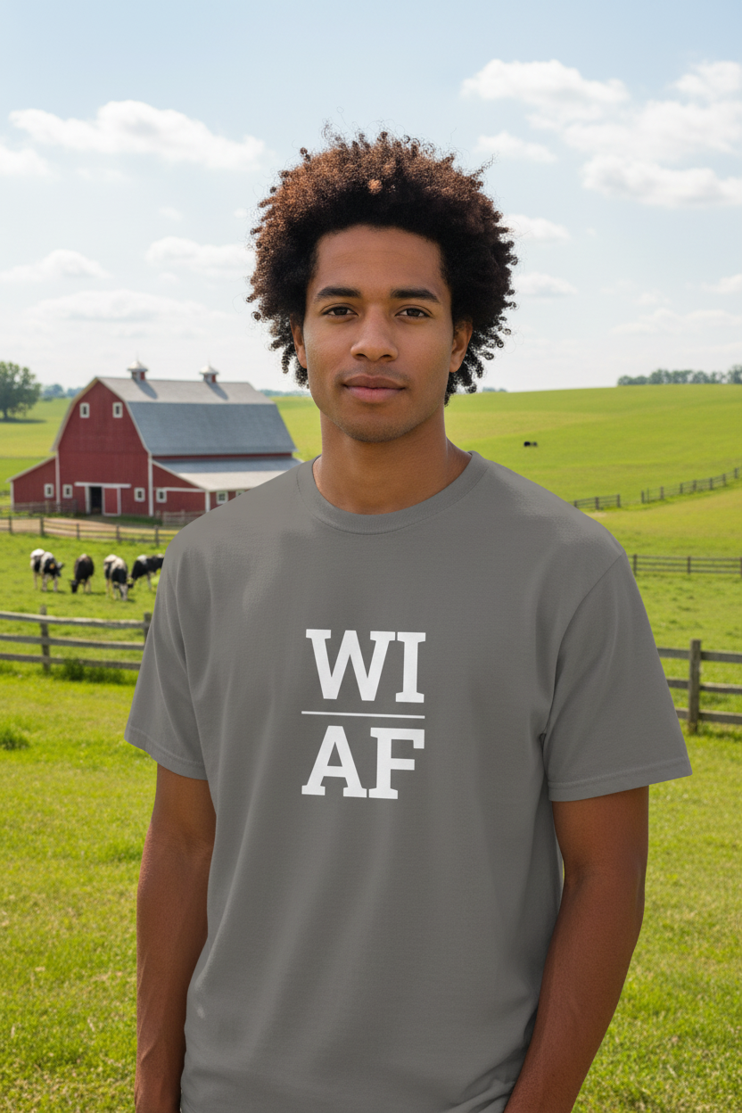 Person wearing charcoal WI_AF t-shirt at a Wisconsin dairy farm