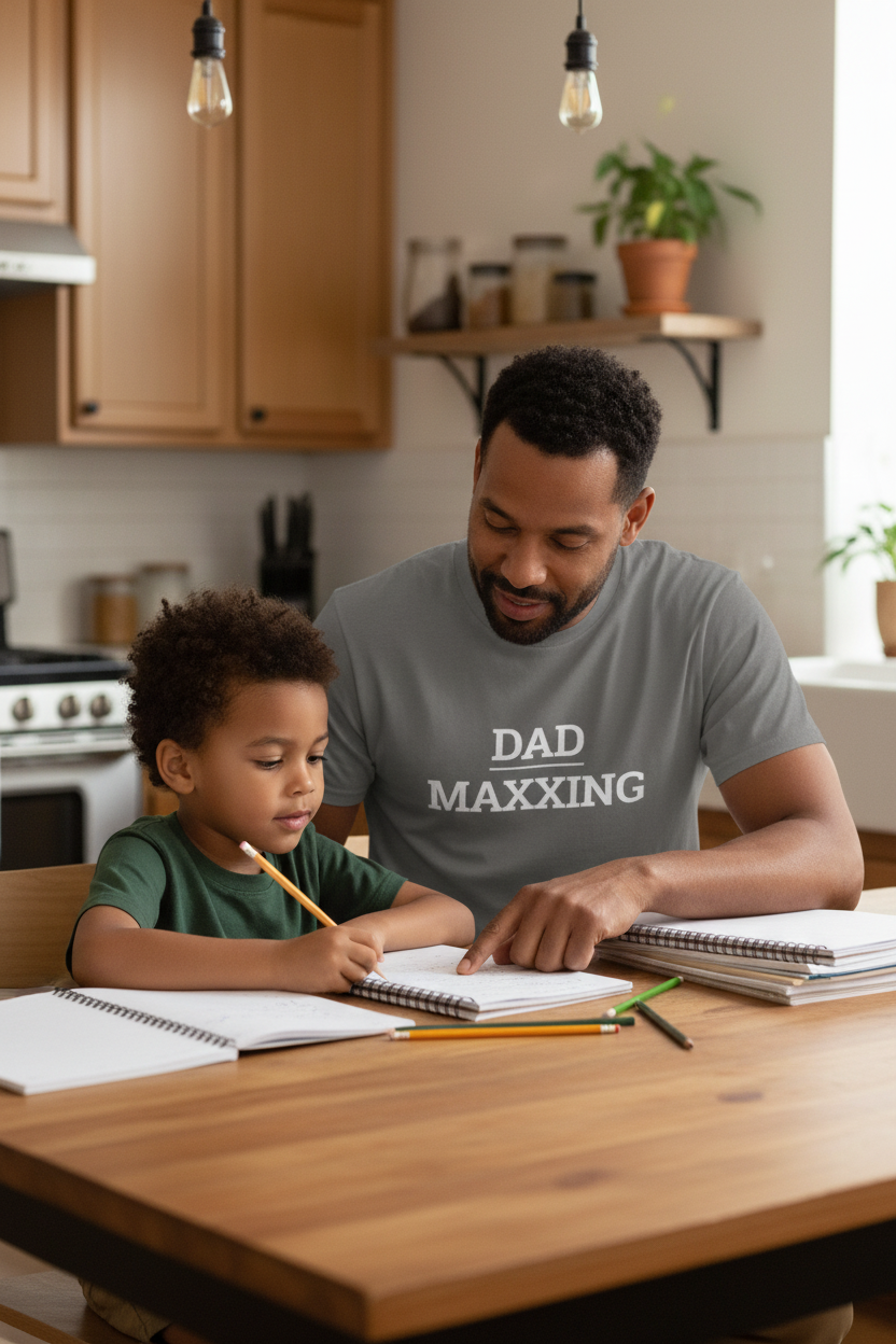 Man wearing charcoal DAD_MAXXING t-shirt helping child with homework