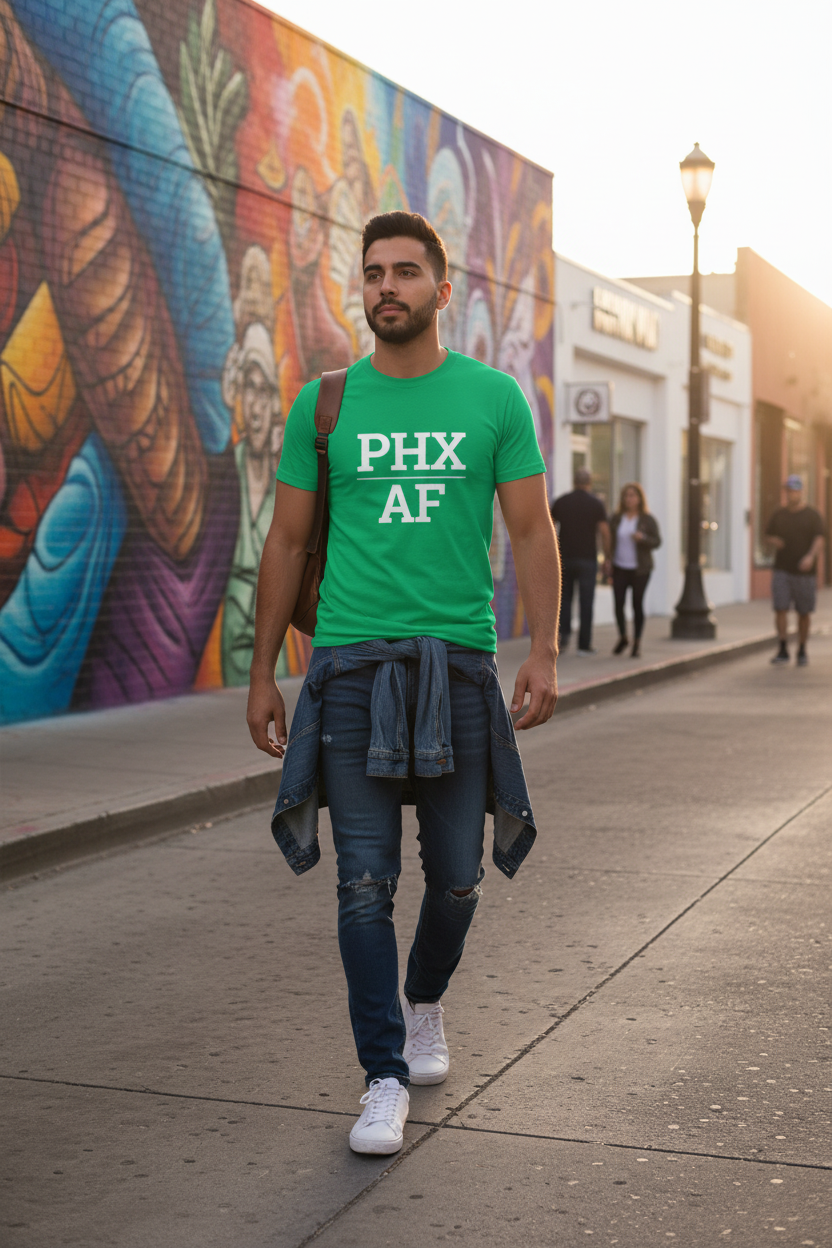 Model wearing PHX_AF irish green tee in the Roosevelt Row Arts District, Phoenix, AZ