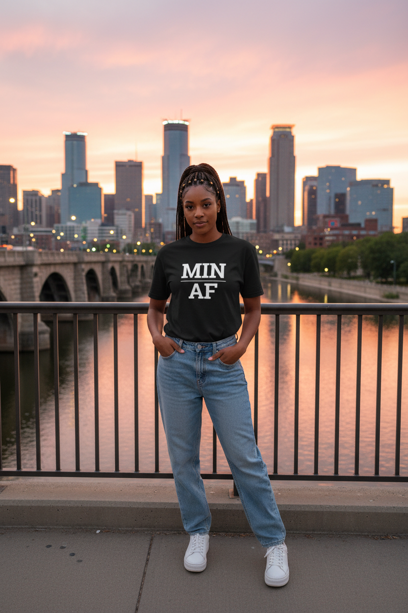 Model wearing MIN_AF black tee at Stone Arch Bridge in Minneapolis, MN