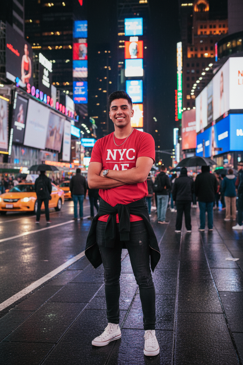 Model wearing NYC_AF cardinal red tee in Times Square at night, New York City