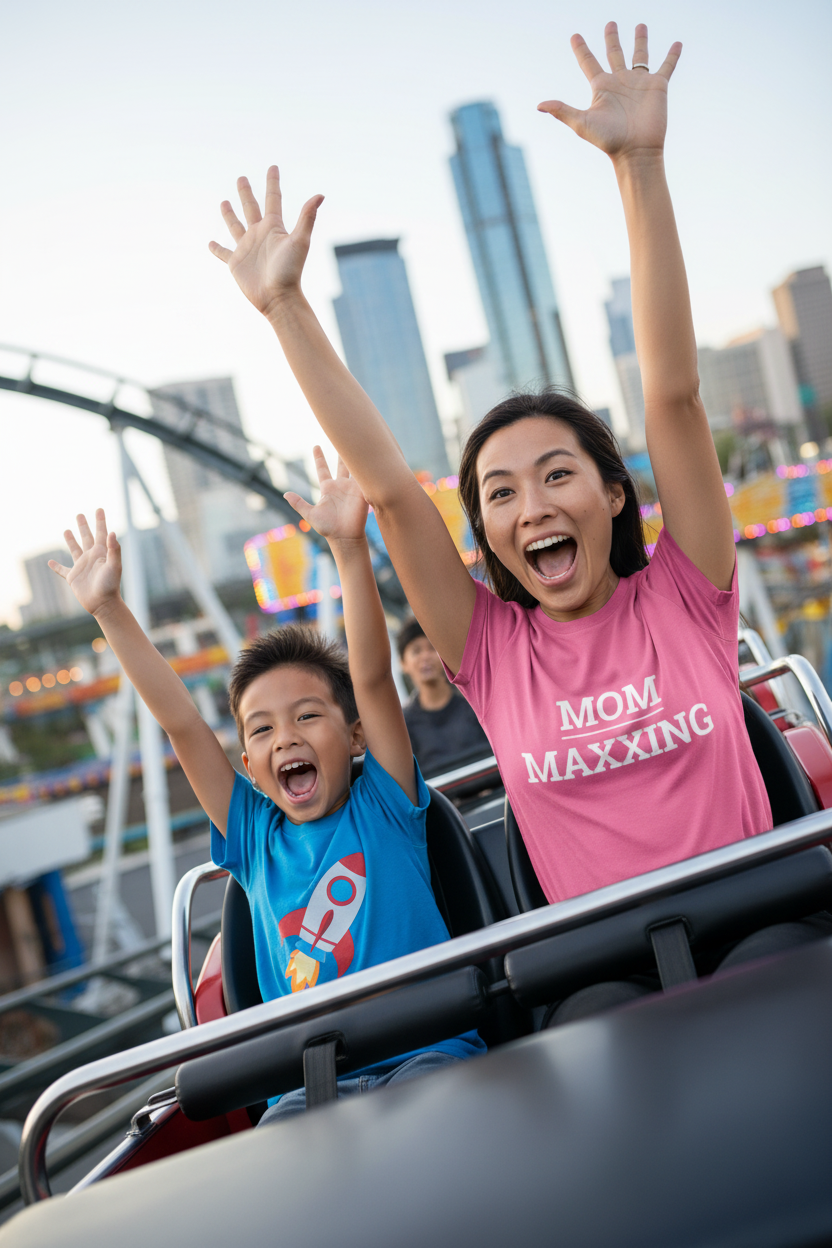 Asian woman wearing pink MOM_MAXXING t-shirt on rollercoaster with kid