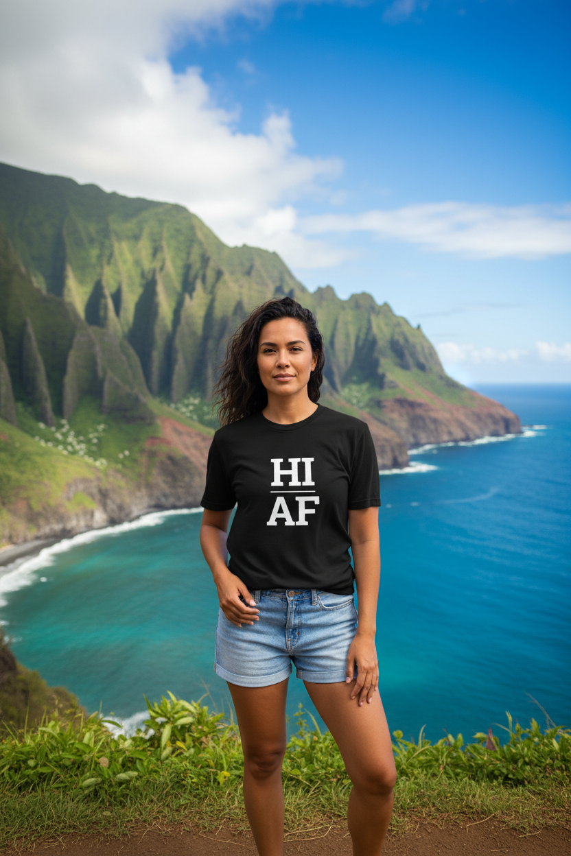 Person wearing black Hawaii t-shirt at Na Pali Coast