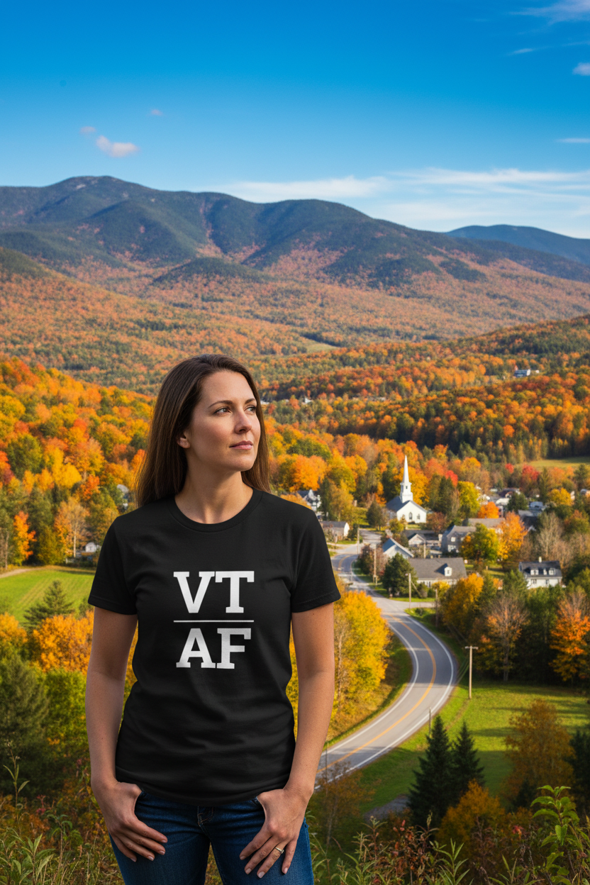 Person wearing black Vermont t-shirt in the Green Mountains fall foliage