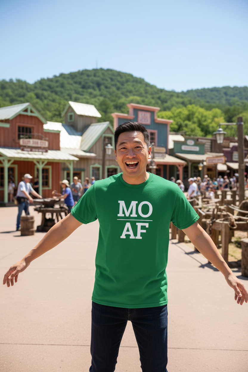 Person wearing green Missouri t-shirt at Silver Dollar City