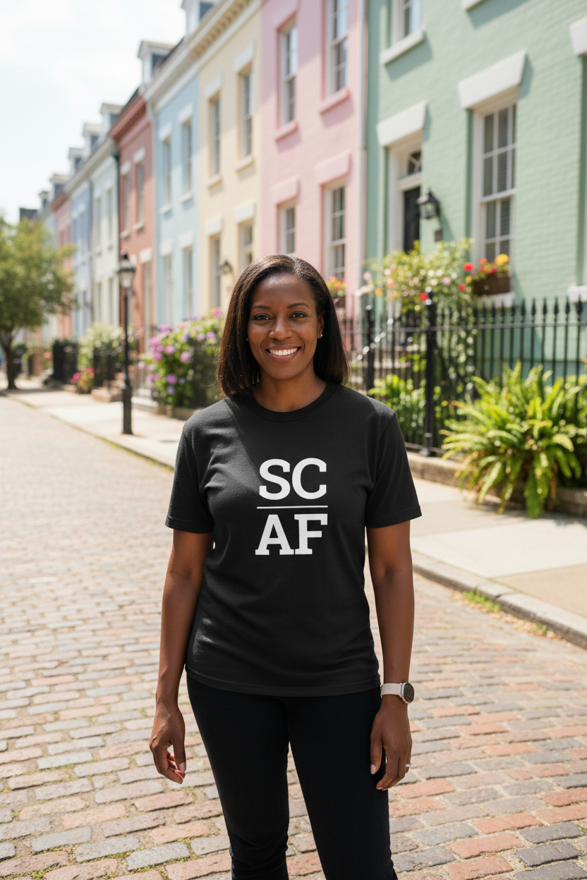 Person wearing black South Carolina t-shirt at Charleston Rainbow Row