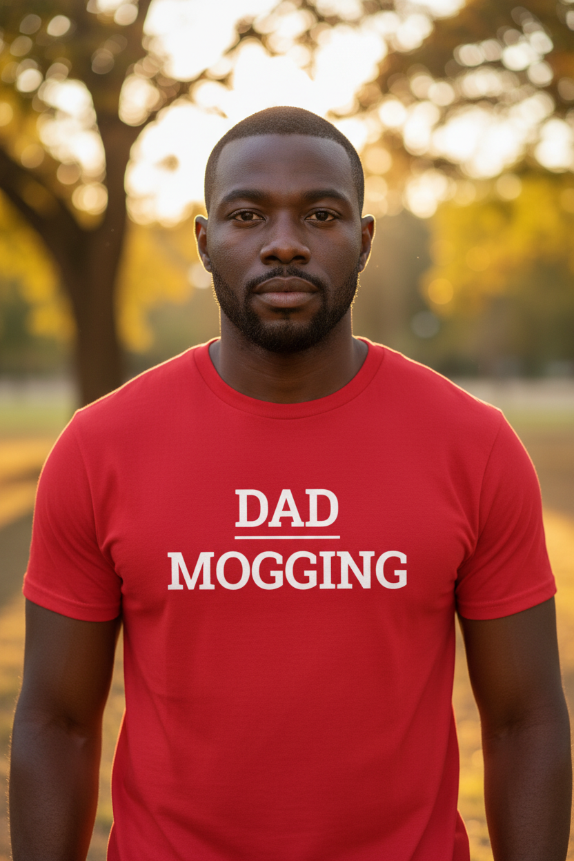 Attractive man wearing red DAD_MOGGING t-shirt in golden hour park