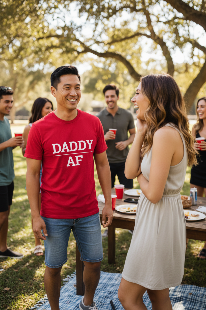 Attractive Asian man wearing red DADDY_AF t-shirt, woman smiling at him outdoors