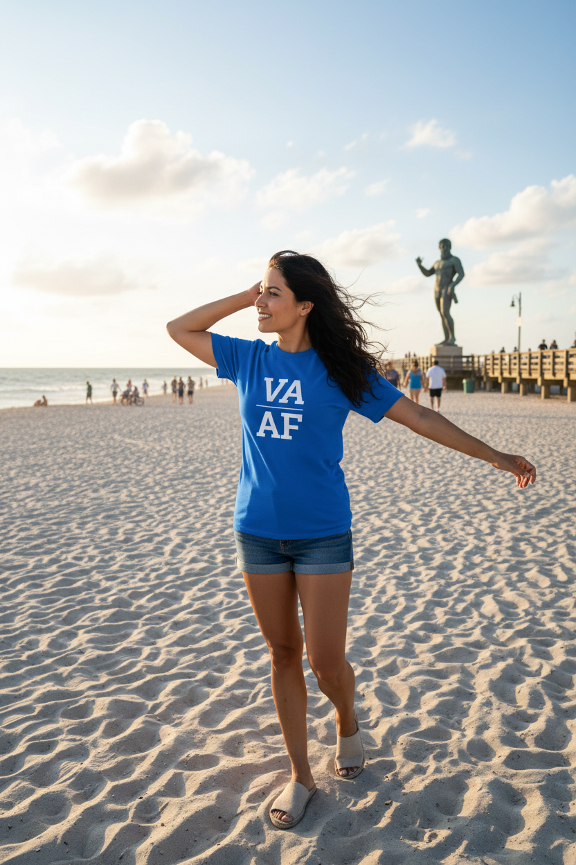 Person wearing blue Virginia t-shirt at Virginia Beach