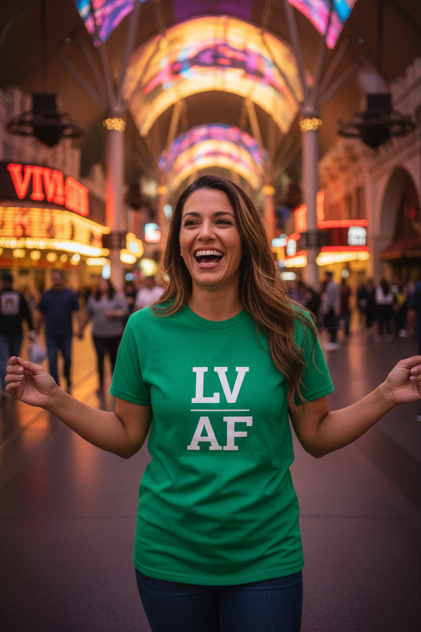 Mixed-race woman wearing green LV_AF t-shirt at Fremont Street Las Vegas