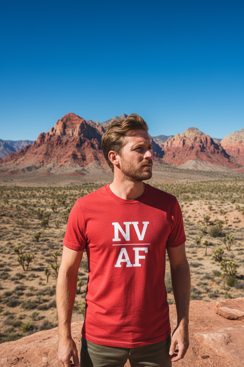 Person wearing red Nevada t-shirt at Red Rock Canyon