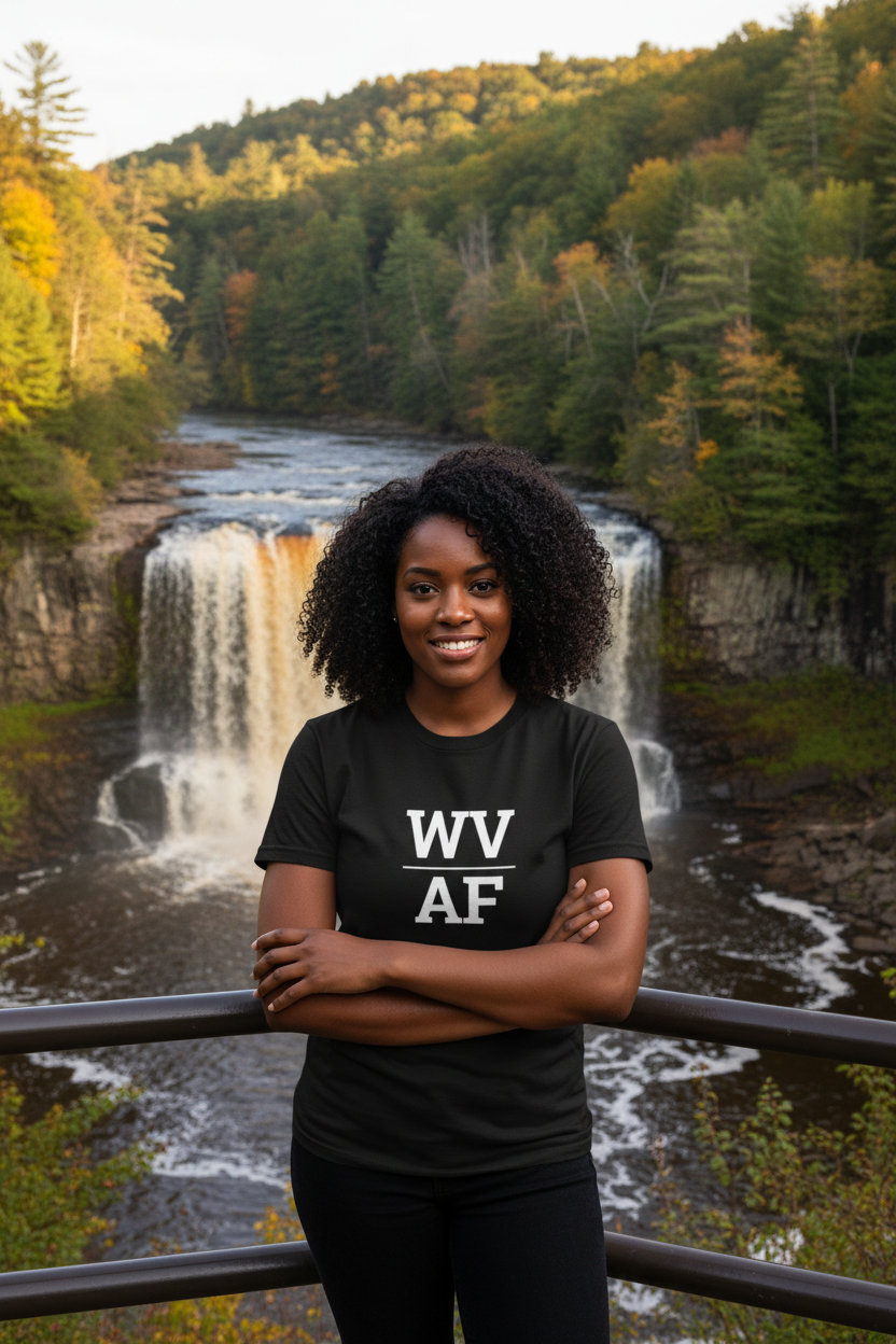 Person wearing black WV_AF t-shirt at Blackwater Falls, West Virginia