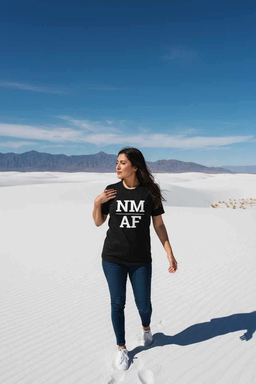 Person wearing black New Mexico t-shirt at White Sands National Park