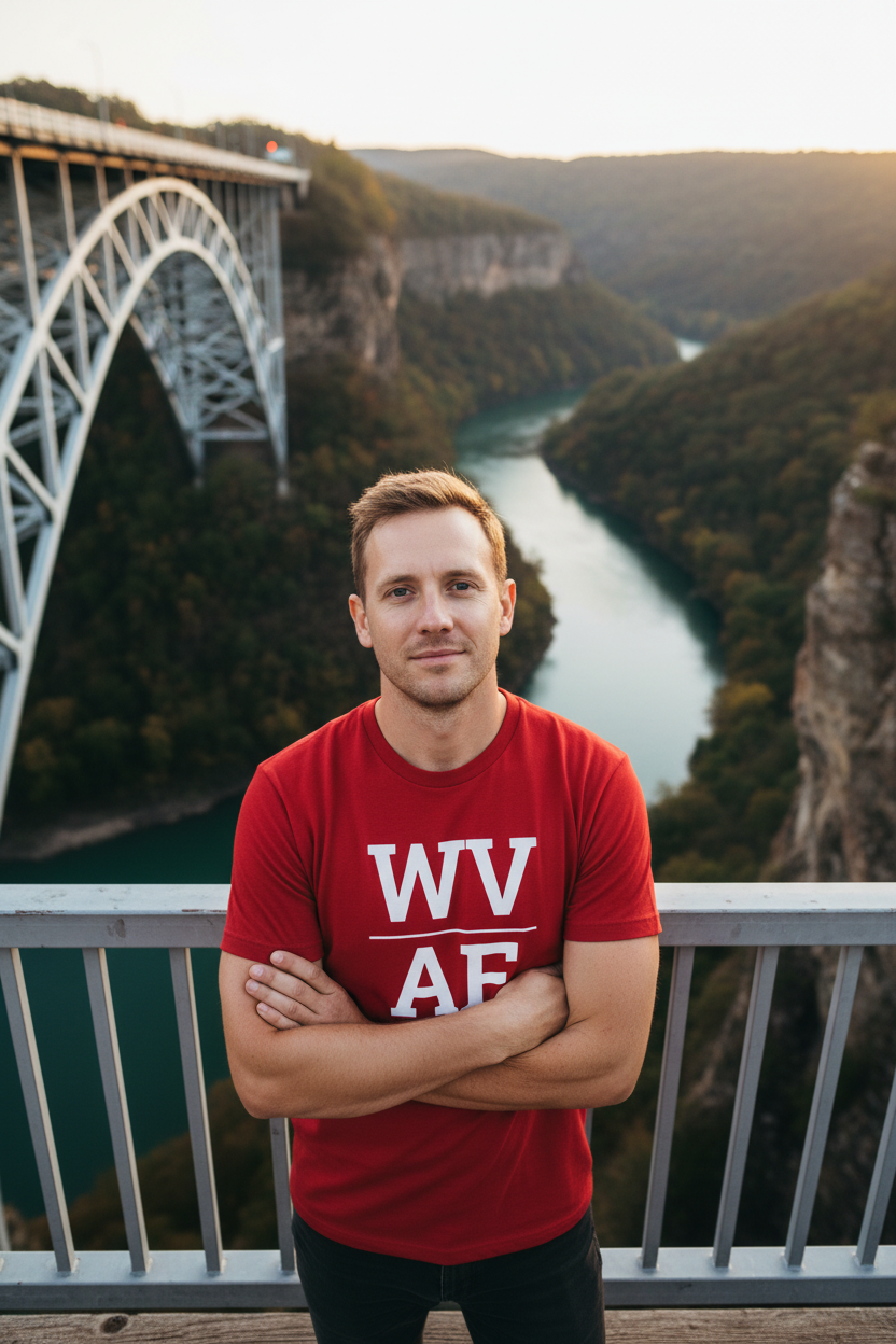 Person wearing red WV_AF t-shirt at New River Gorge Bridge, West Virginia