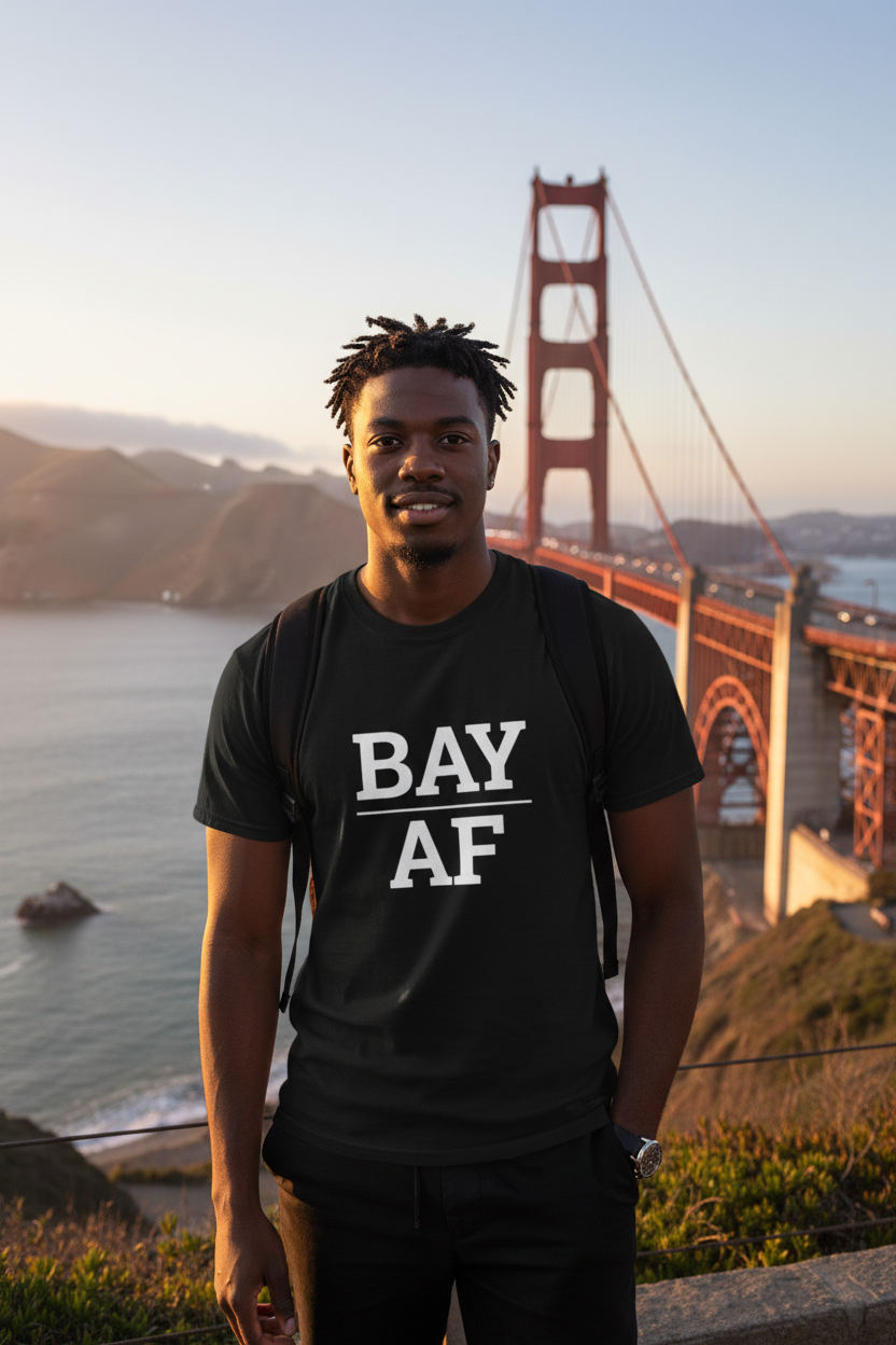 BAY_AF black shirt at Golden Gate Bridge, San Francisco CA