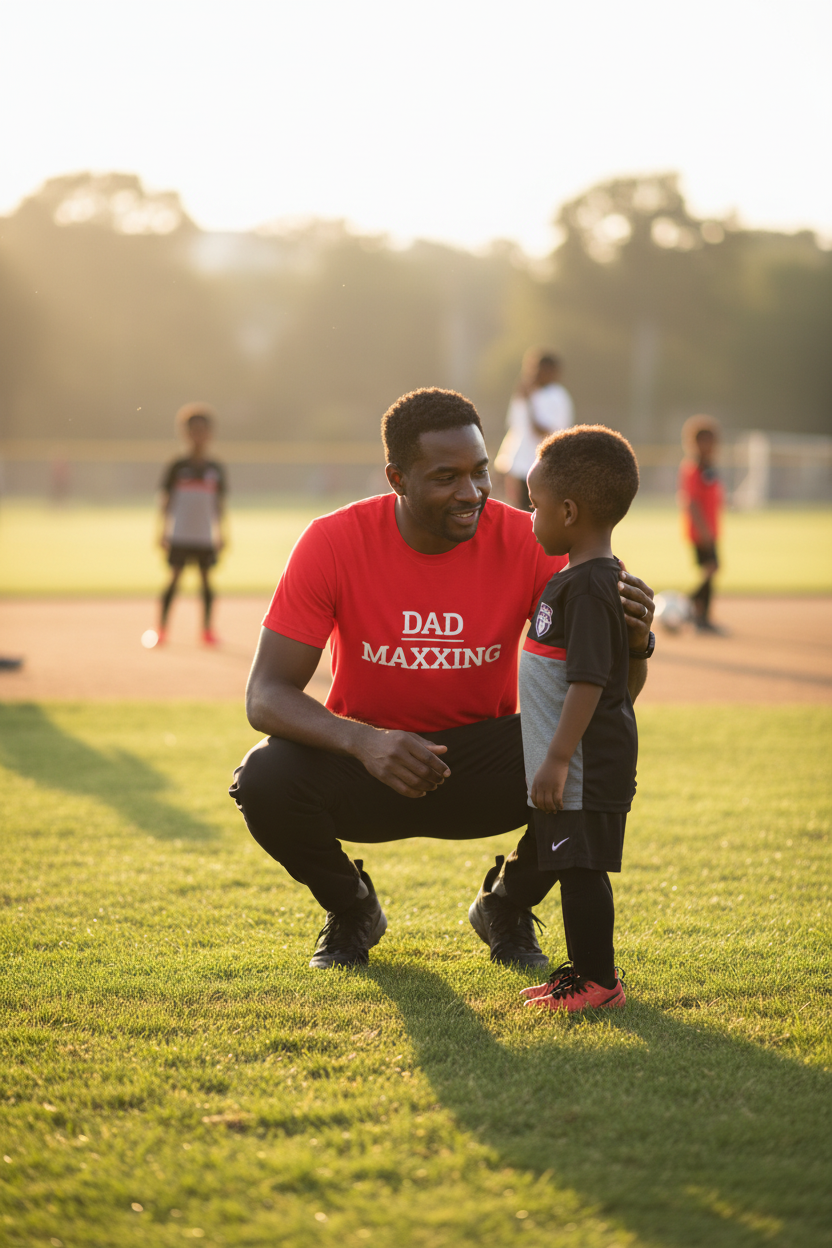 Man wearing red DAD_MAXXING t-shirt coaching a child on a sports field