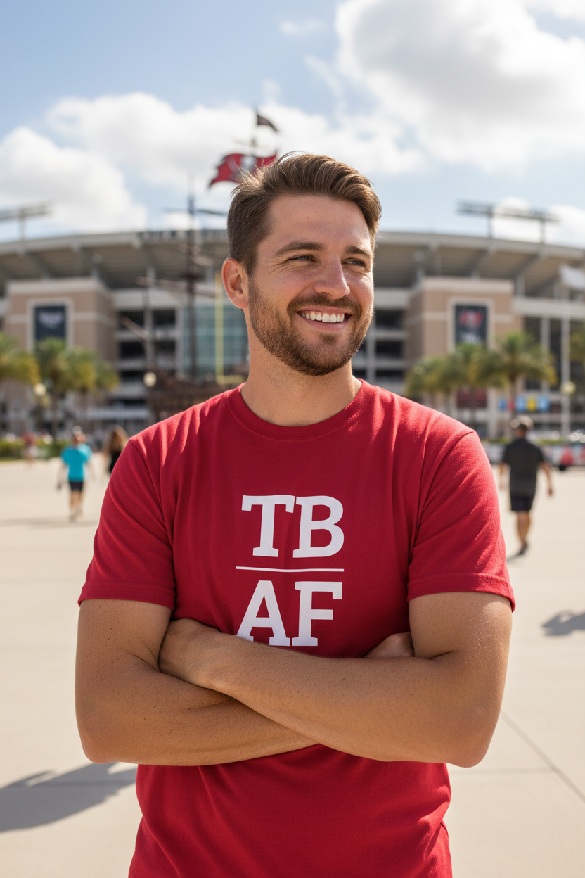White man wearing cardinal TB_AF t-shirt at Raymond James Stadium Tampa