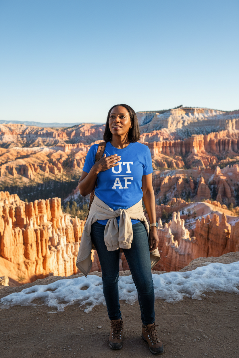 Person wearing blue Utah t-shirt at Bryce Canyon