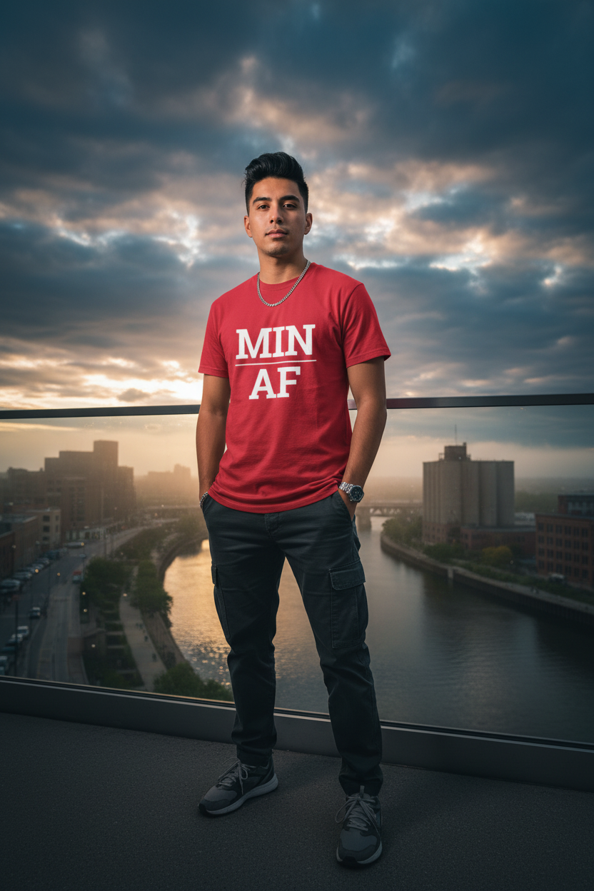 Model wearing MIN_AF cardinal red tee at the Guthrie Theater Endless Bridge in Minneapolis, MN