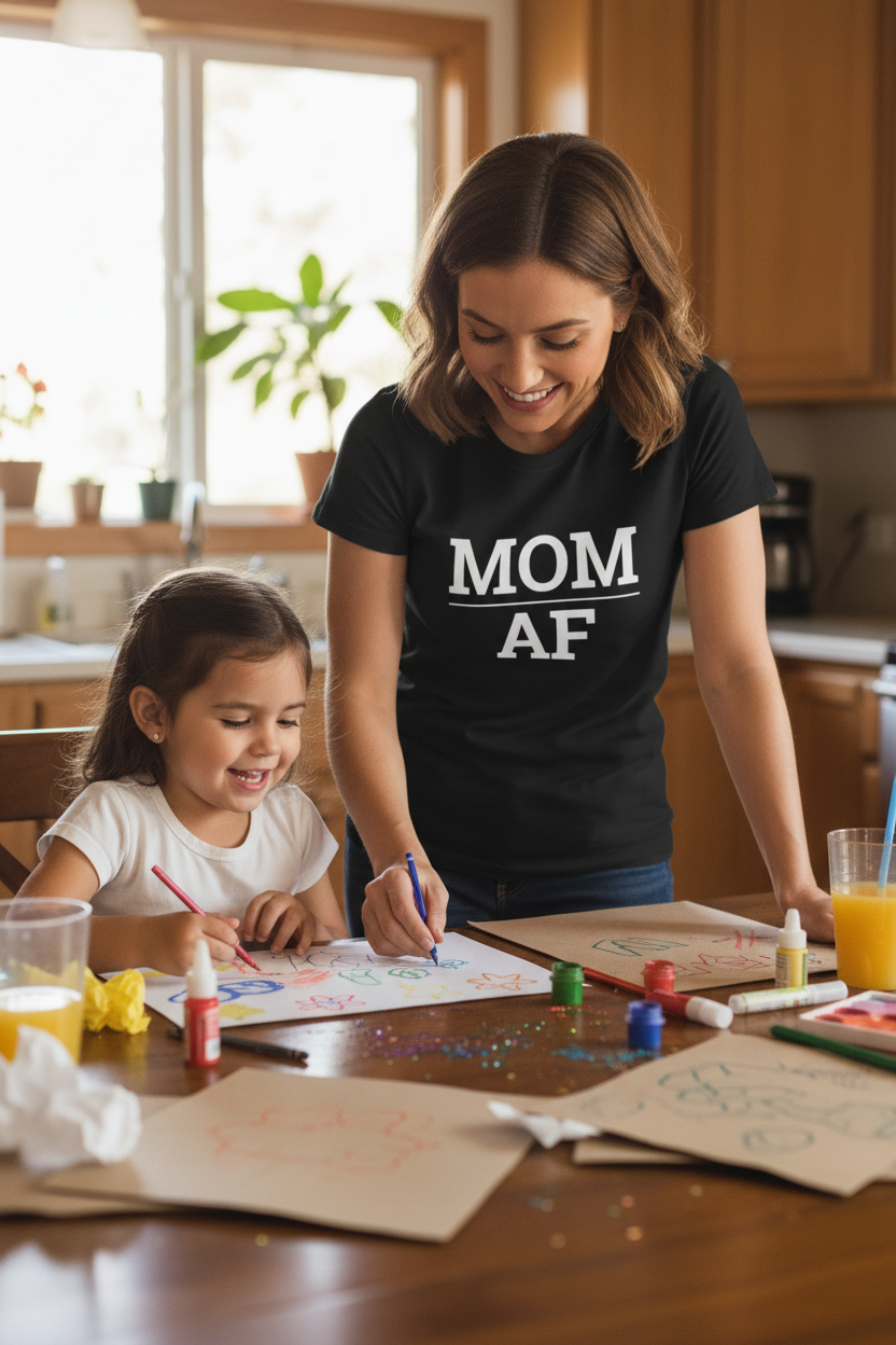 Woman wearing black MOM_AF t-shirt helping child with art project