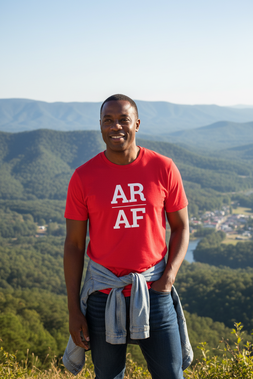 Person wearing red Arkansas t-shirt in the Ozark Mountains