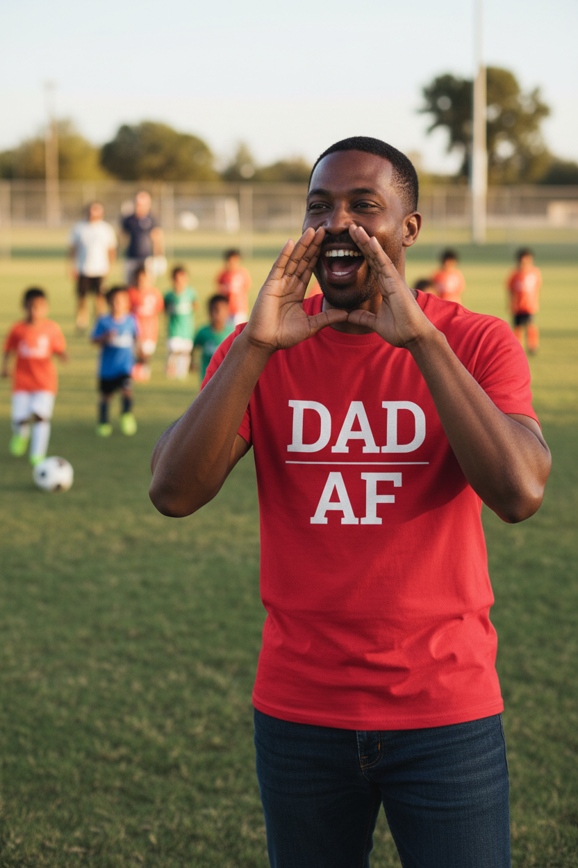 Man wearing red DAD_AF t-shirt cheering at kids soccer game