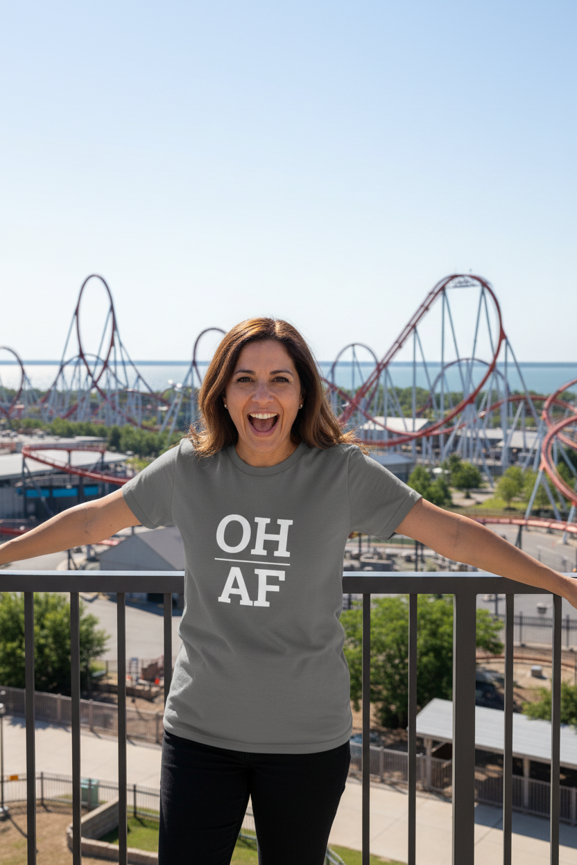 Person wearing grey Ohio t-shirt at Cedar Point