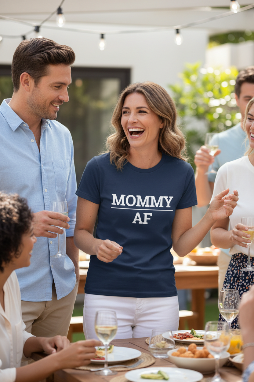 White woman wearing navy MOMMY_AF t-shirt, man admiring her at casual social setting