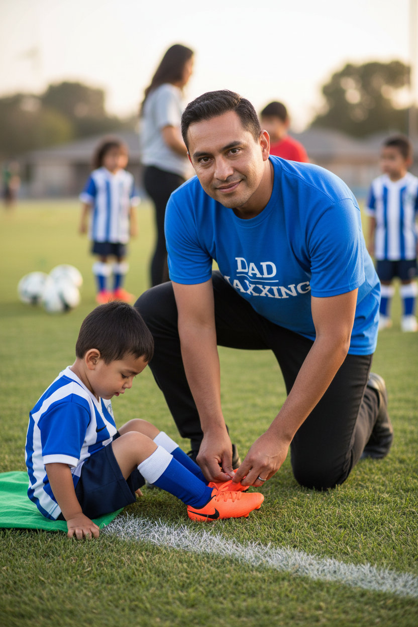 Man wearing blue DAD_MAXXING t-shirt tying child's soccer cleats