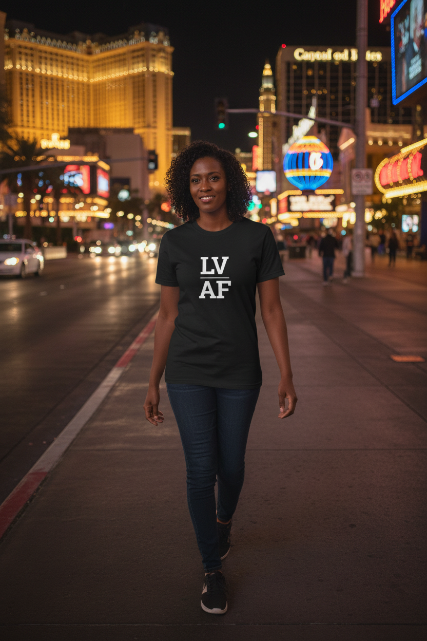 Black woman wearing black LV_AF t-shirt on the Las Vegas Strip at night