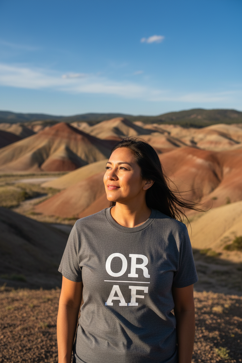Person wearing grey Oregon t-shirt at the Painted Hills
