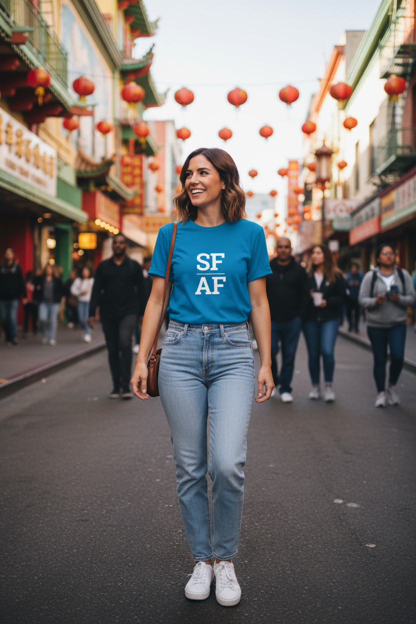 White woman wearing sapphire SF_AF t-shirt in Chinatown San Francisco