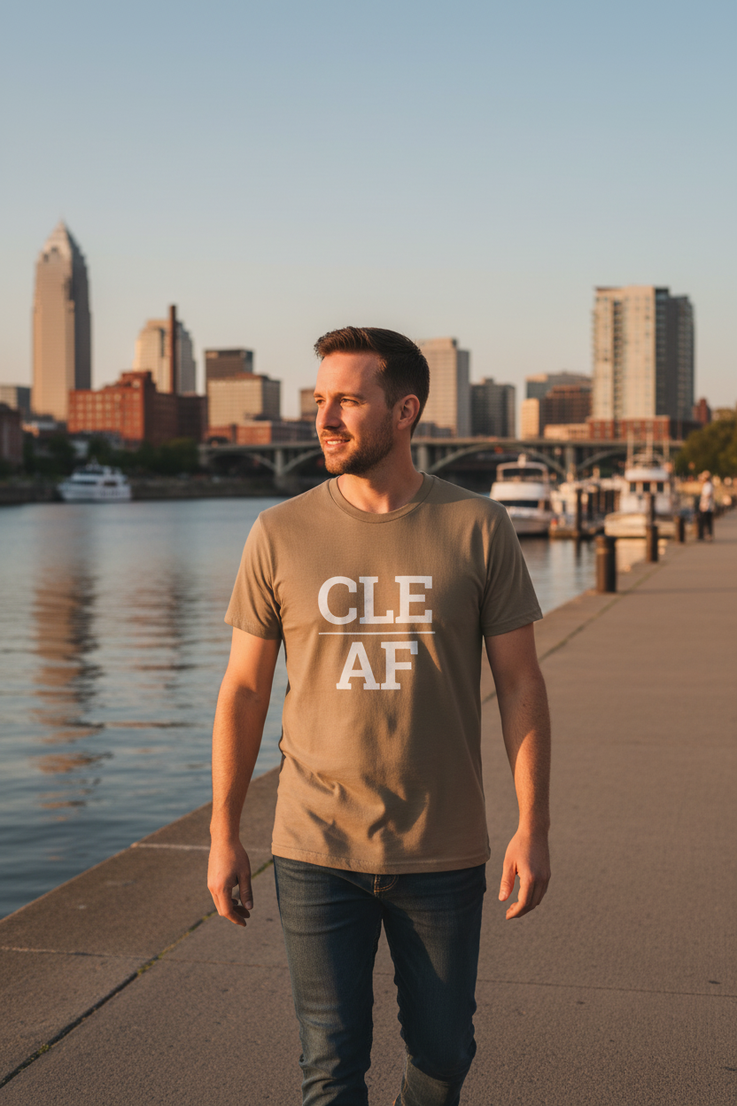 White man wearing brown CLE_AF t-shirt at Cuyahoga River waterfront Cleveland