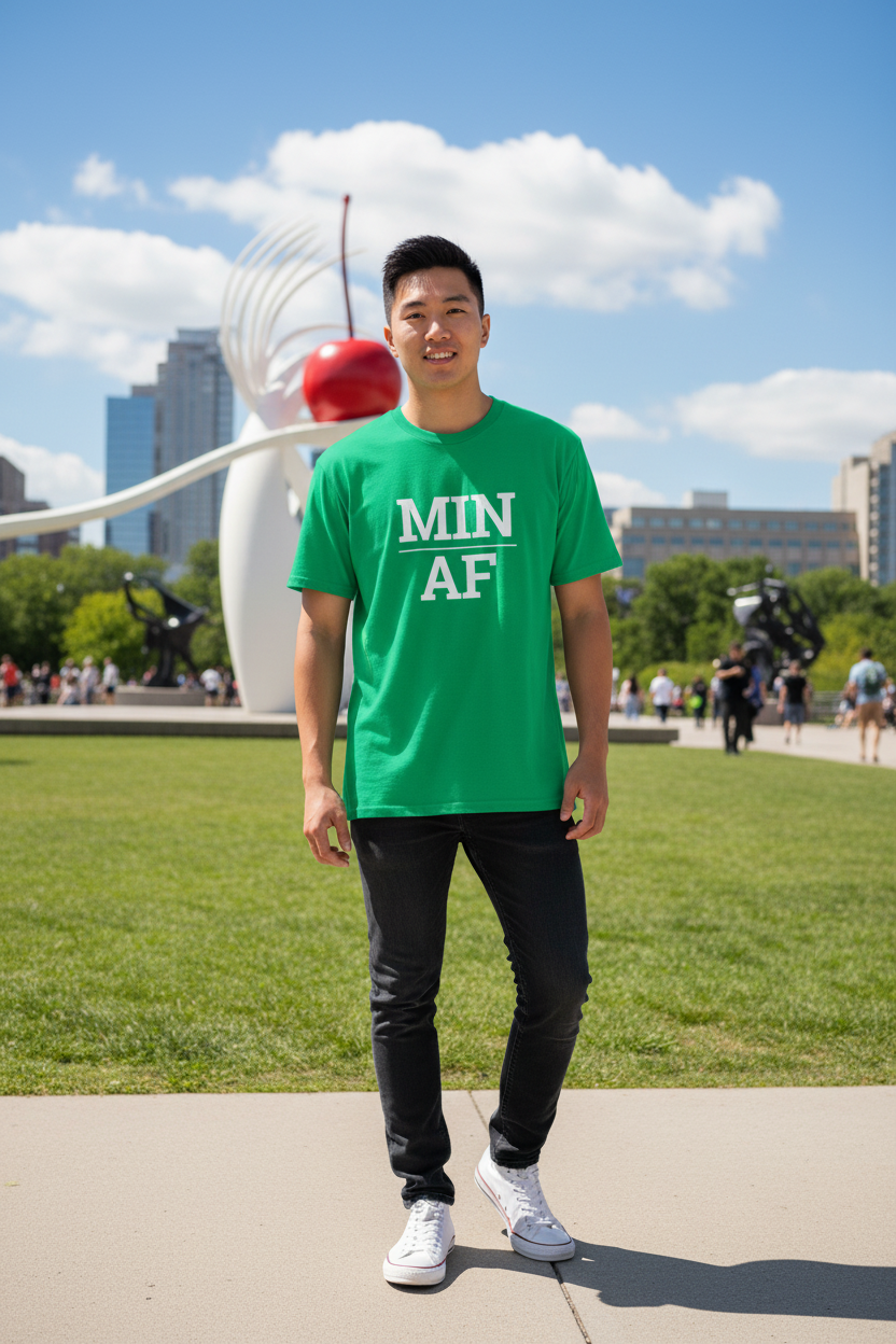 Model wearing MIN_AF irish green tee at the Minneapolis Sculpture Garden