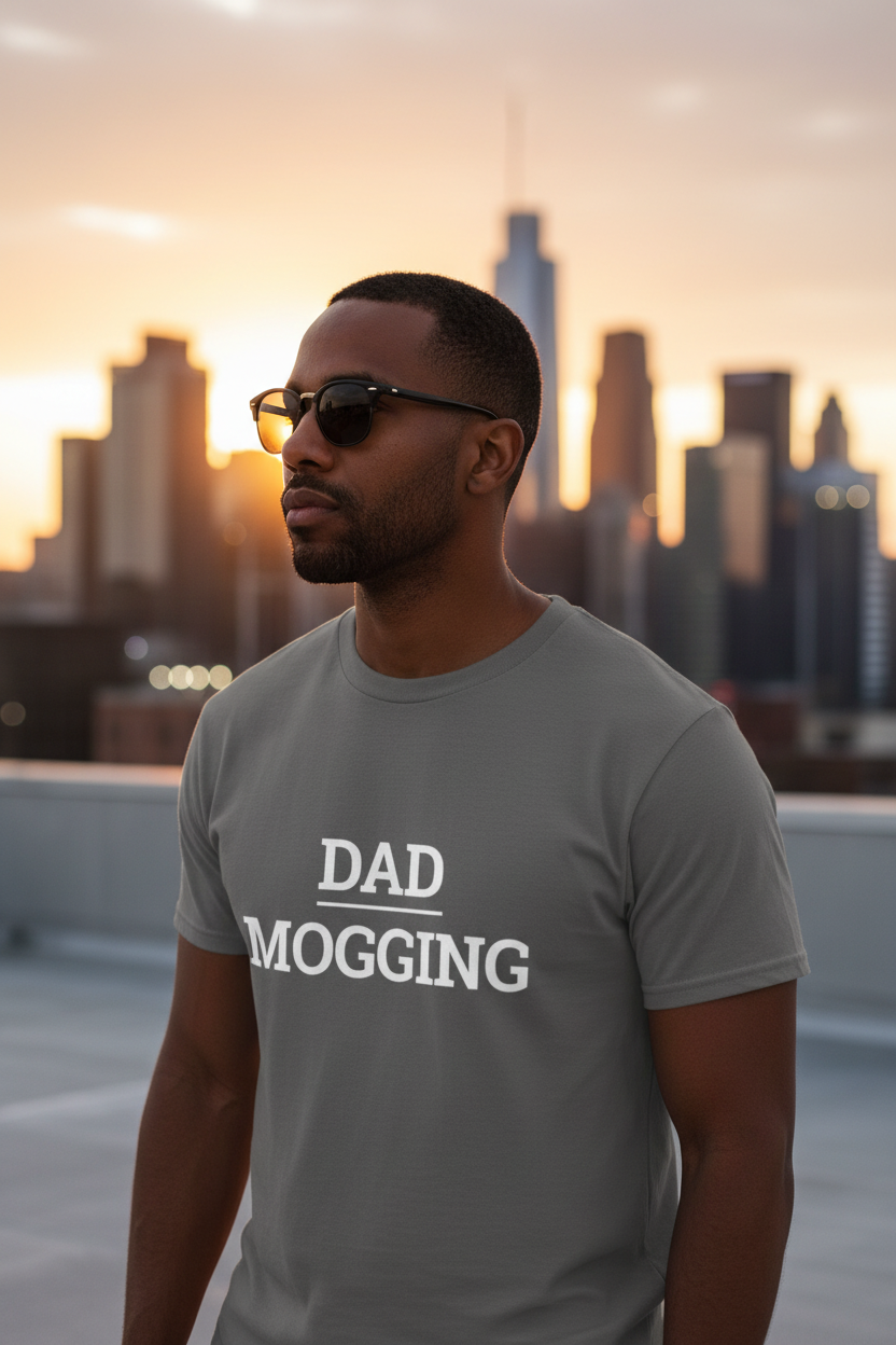 Attractive man wearing charcoal DAD_MOGGING t-shirt on city rooftop at dusk