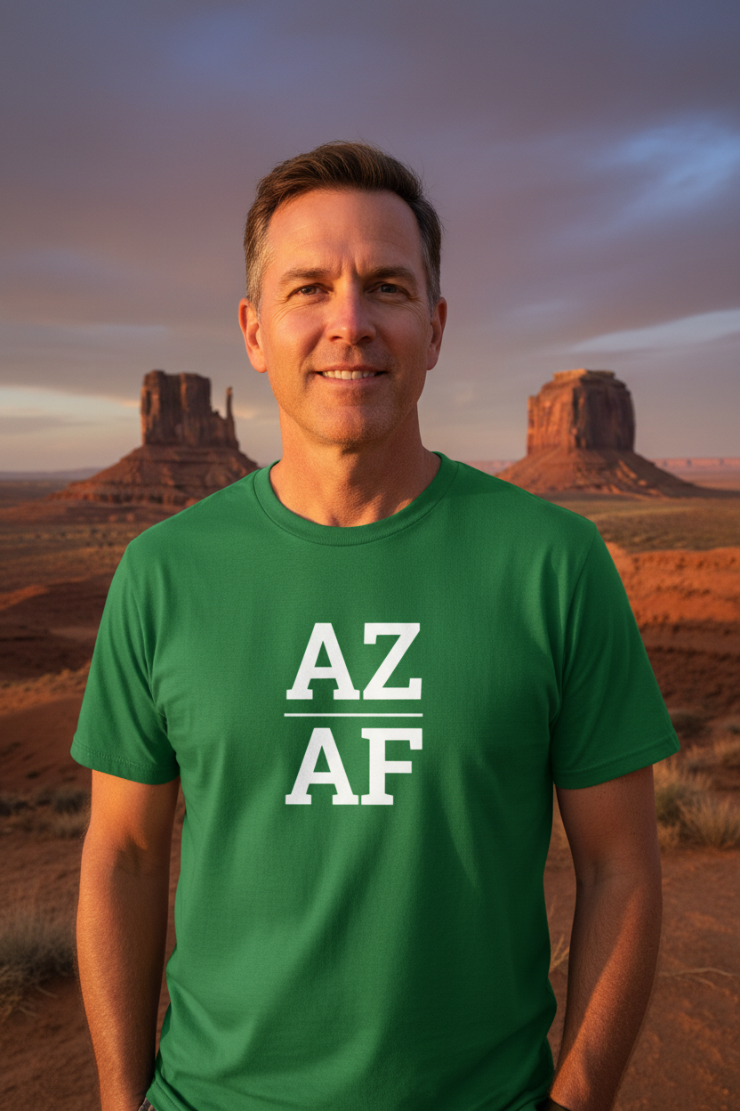 Person wearing green Arizona t-shirt at Monument Valley