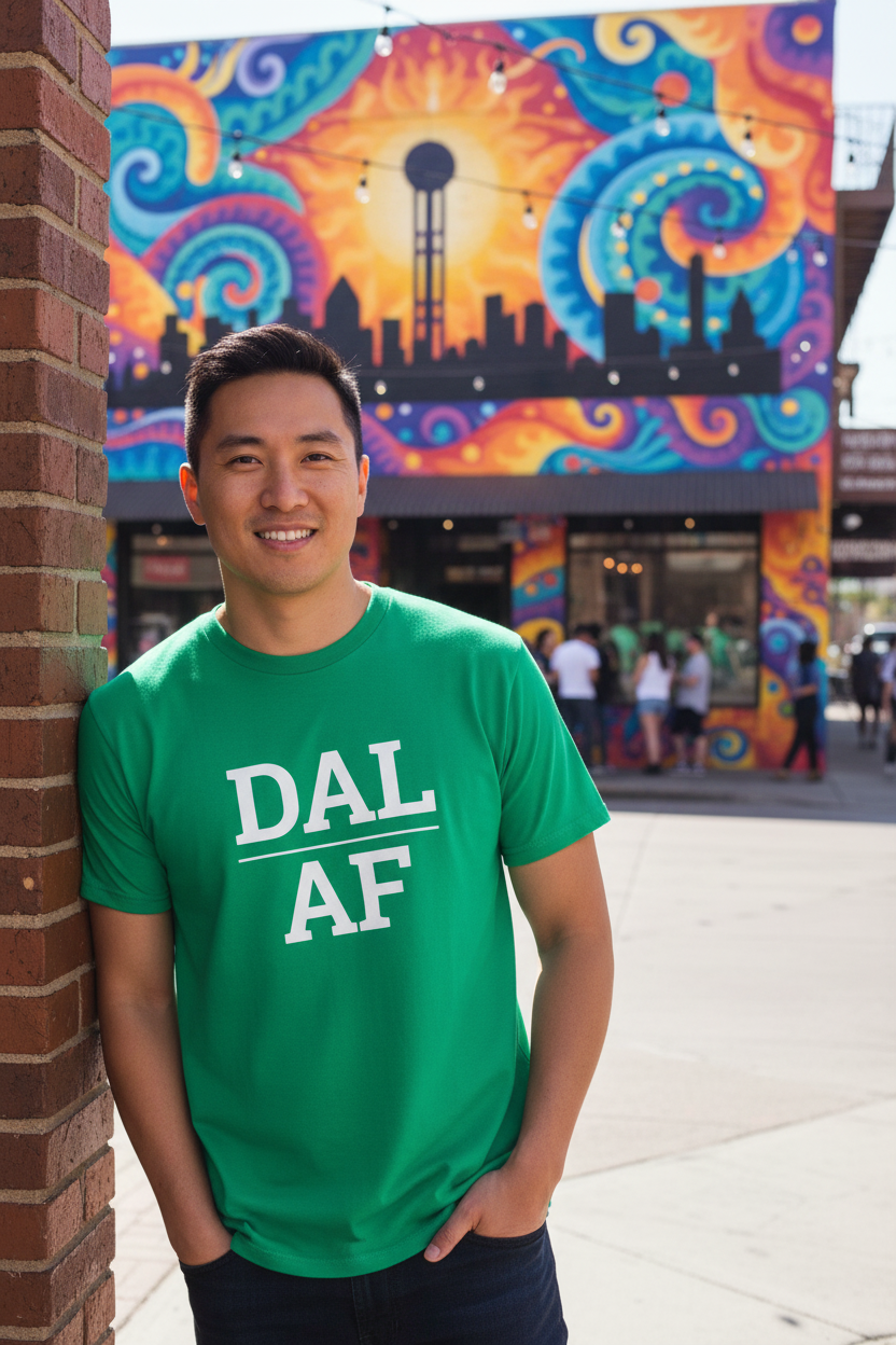 DAL_AF green shirt in Deep Ellum, Dallas TX