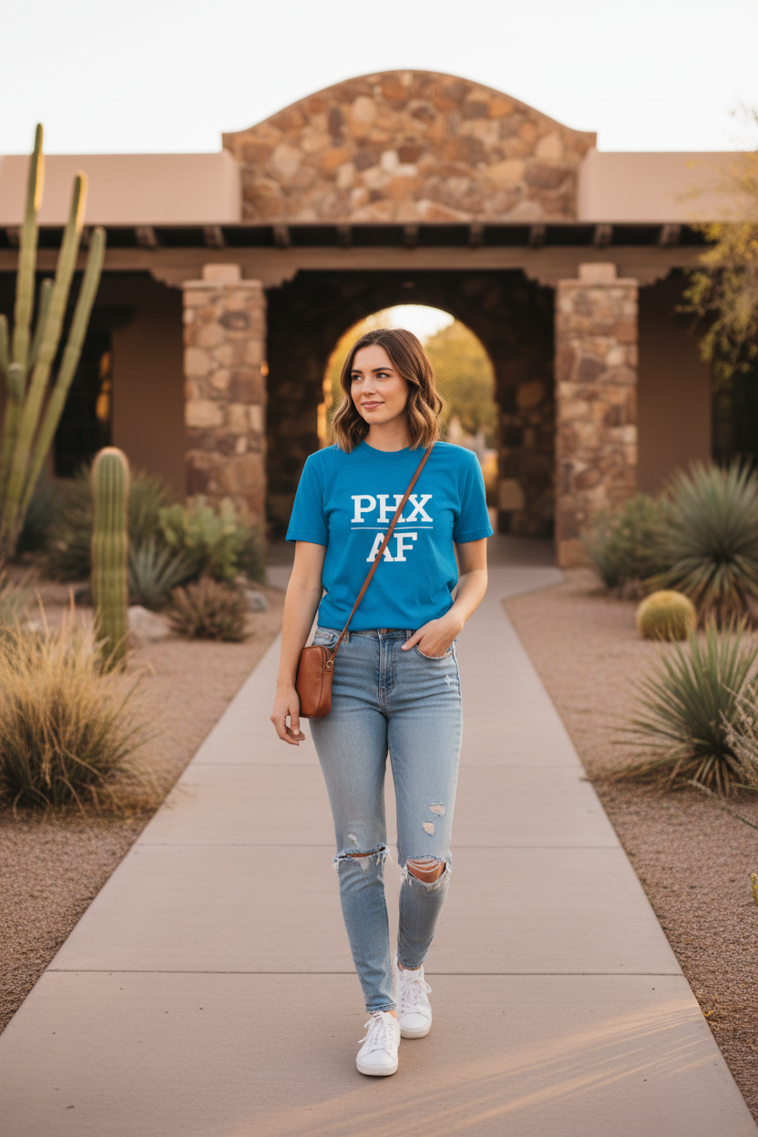 Model wearing PHX_AF sapphire blue tee at the Heard Museum, Phoenix, AZ