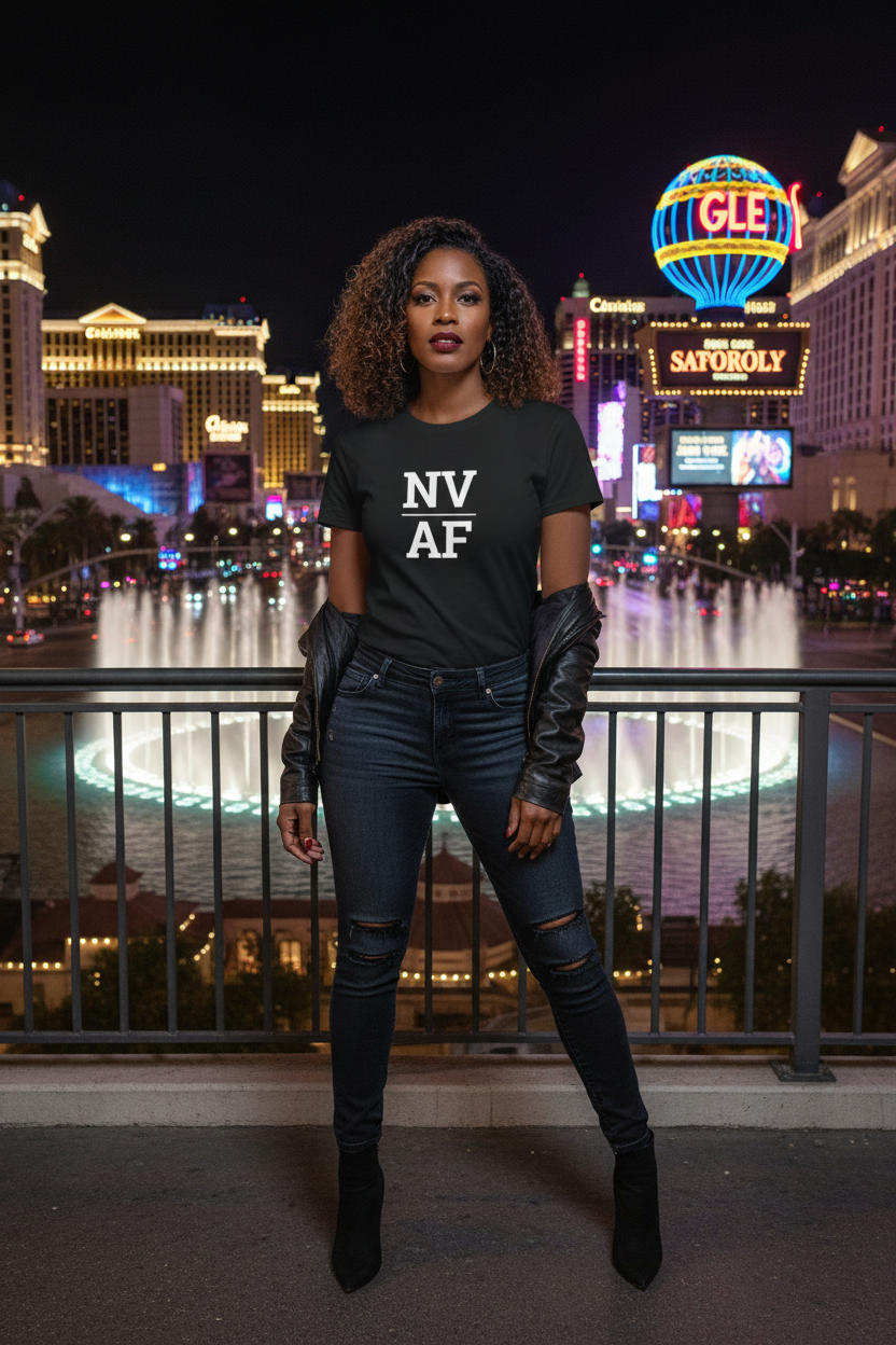 Person wearing black Nevada t-shirt on the Las Vegas Strip