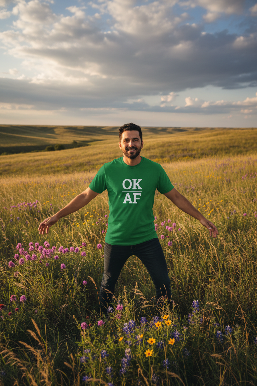 Person wearing green Oklahoma t-shirt at the Tallgrass Prairie Preserve