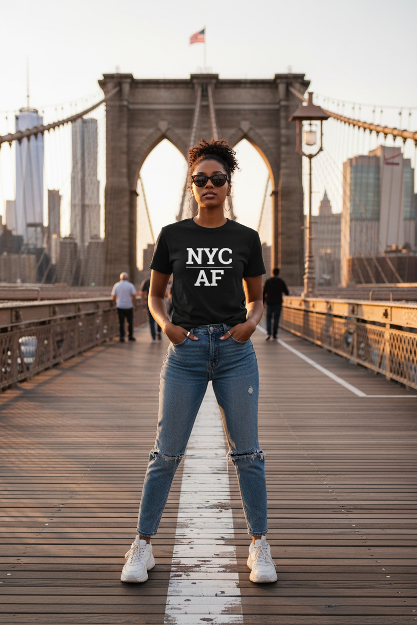 Model wearing NYC_AF black tee on the Brooklyn Bridge with Manhattan skyline, New York City