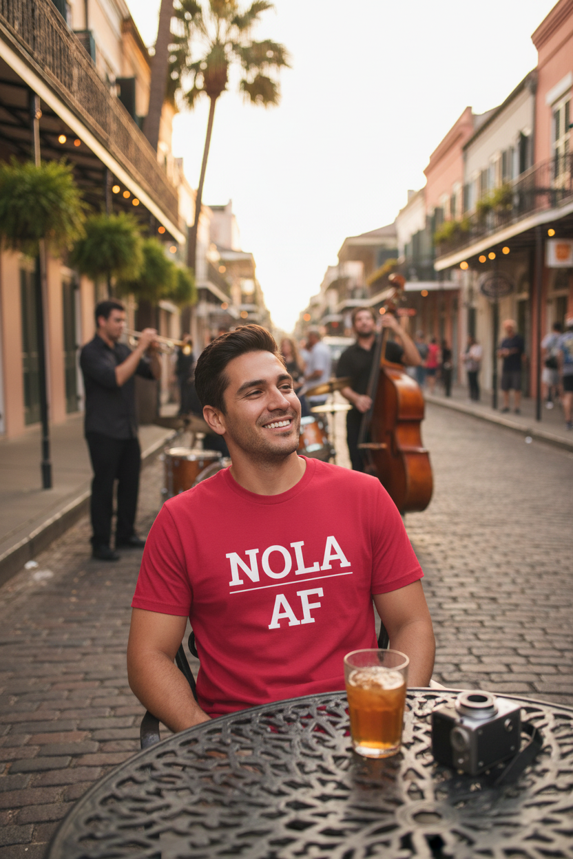 Latino man wearing cardinal NOLA_AF t-shirt at French Quarter jazz club New Orleans