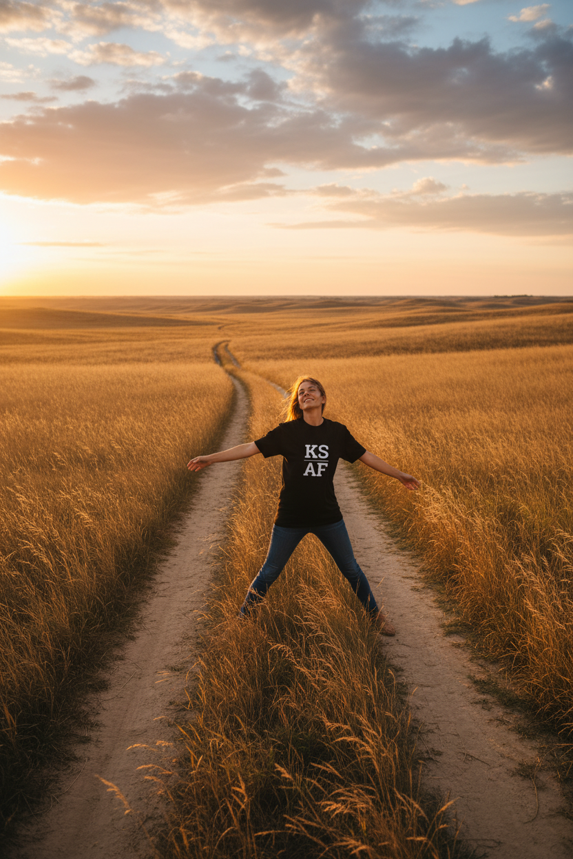 Person wearing black Kansas t-shirt at the Flint Hills tallgrass prairie